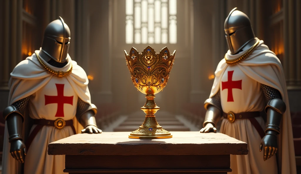 a golden chalice with various jewels glued to the side, on top of a table, inside a church, being protected by helmeted Templar warriors, medieval armor, with a white cloak and a red cross on his chest
