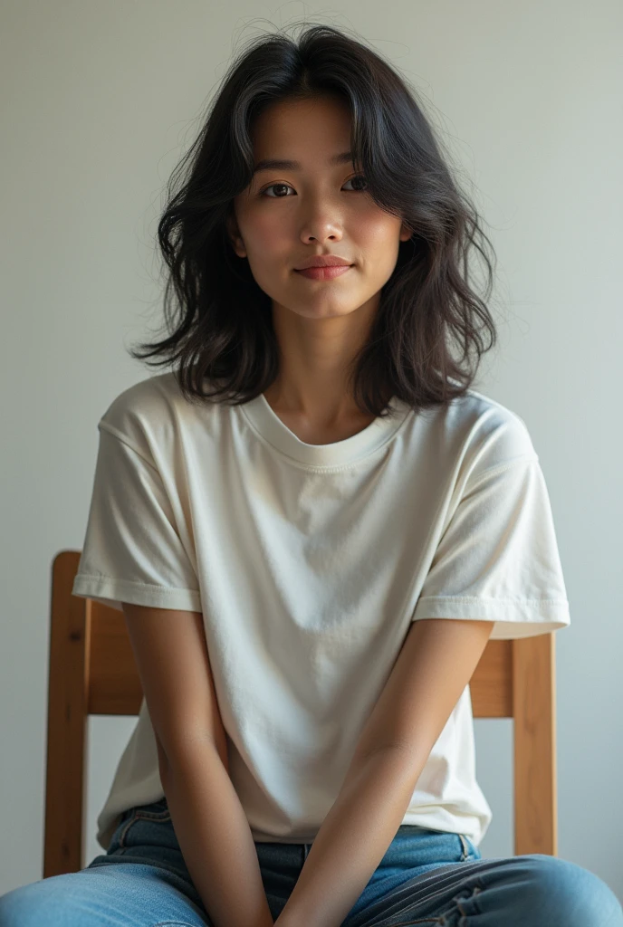 Realistic,photo,Highly detailed,Thai girl,Wavy Hair,T-shirt and jeans,sitting on a chair