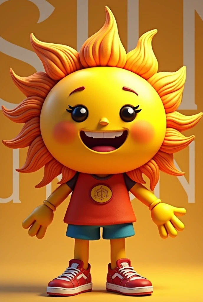 Make a full-body mascot for a student union featuring the face of a cute, smiling sun with the word “sun union” in the background