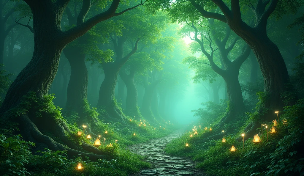 mystic & fantasy green forest with enchanted vibe. Image should be 3d