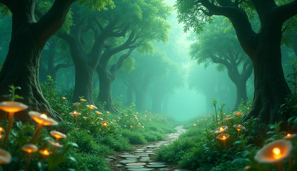 mystic & fantasy green forest with enchanted vibe. Image should be 3d