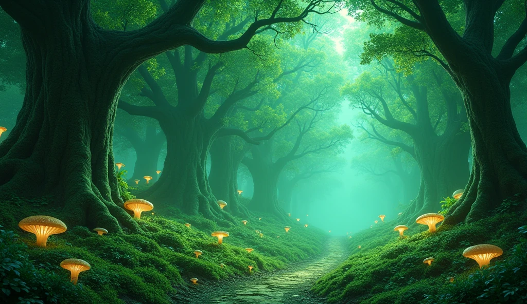 mystic & fantasy green forest with enchanted vibe. Image should be 3d