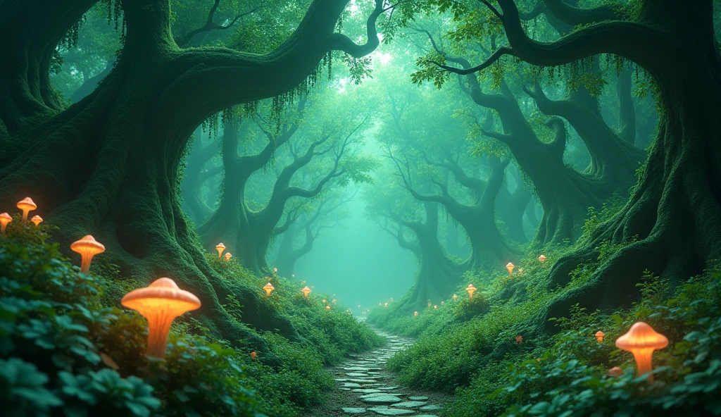 mystic & fantasy green forest with enchanted vibe. Image should be 3d