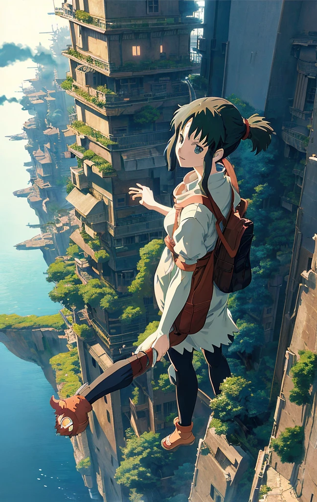 ((anime style Ghibli)), ((photorealistic)), extremely detailed, An aerial view from the top of a skyscraper in a dense, Futuristic cityscape, with the perspective showing a person&#39;s legs and feet hanging over the edge. The person is wearing brown sneakers and camouflage pants... The city below is illuminated with numerous lights., Giving a vibrant and lively feel. The general atmosphere is adventurous and slightly risky.., with a focus on height and the urban environment. The scene is a little blurry., adding a sense of mystery and depth to the urban landscape,