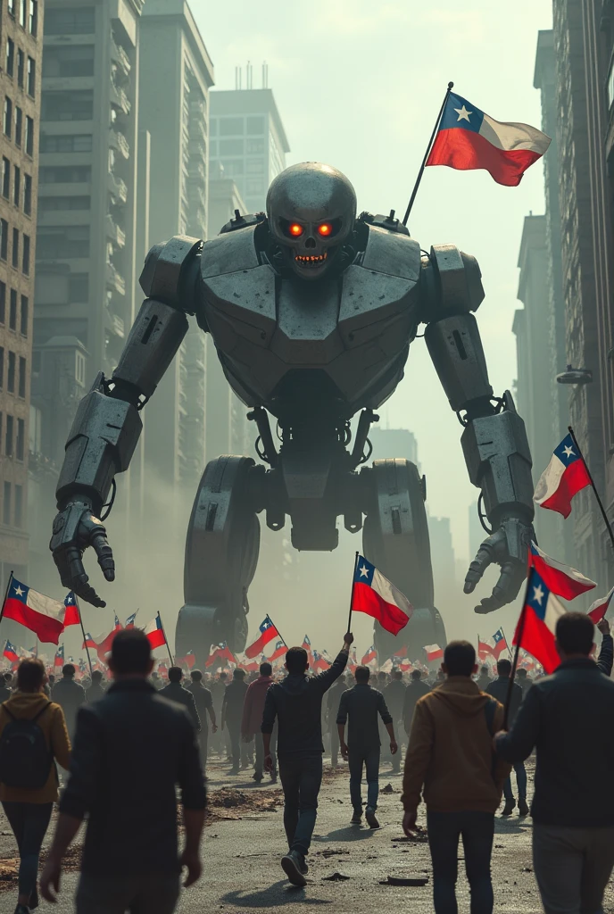 Generates a realistic apocalyptic-type image of human-scale robots inspired by the Terminator movie, attacking and killing human beings, uses Santiago de Chile as a setting. The humans look sad and scared and are carrying flags of the country of Chile.