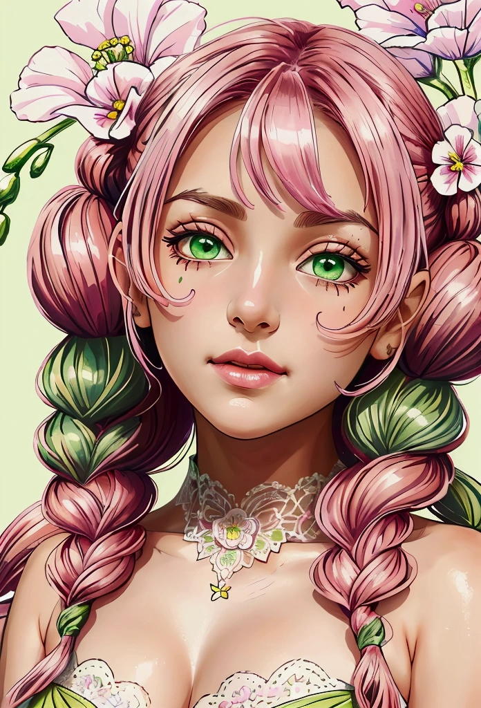 Convert your flower art into a hand-drawn illustration.、Create backgrounds with vibrant colors and unique touches The type of flower is statice、Gypsophila、sweet pea、Mix in some lace flowers, (arms down), portrait, face portrait, big breasts, cleavage, pink hair, green eyes, twin tails, green highlights,