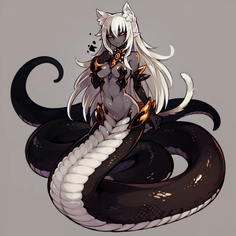 Lamia、Cat ear、Dark brown skin、Gray Hair、The back of a snake with white hairs、Black snake belly、Delicate face、Black eyeball、up