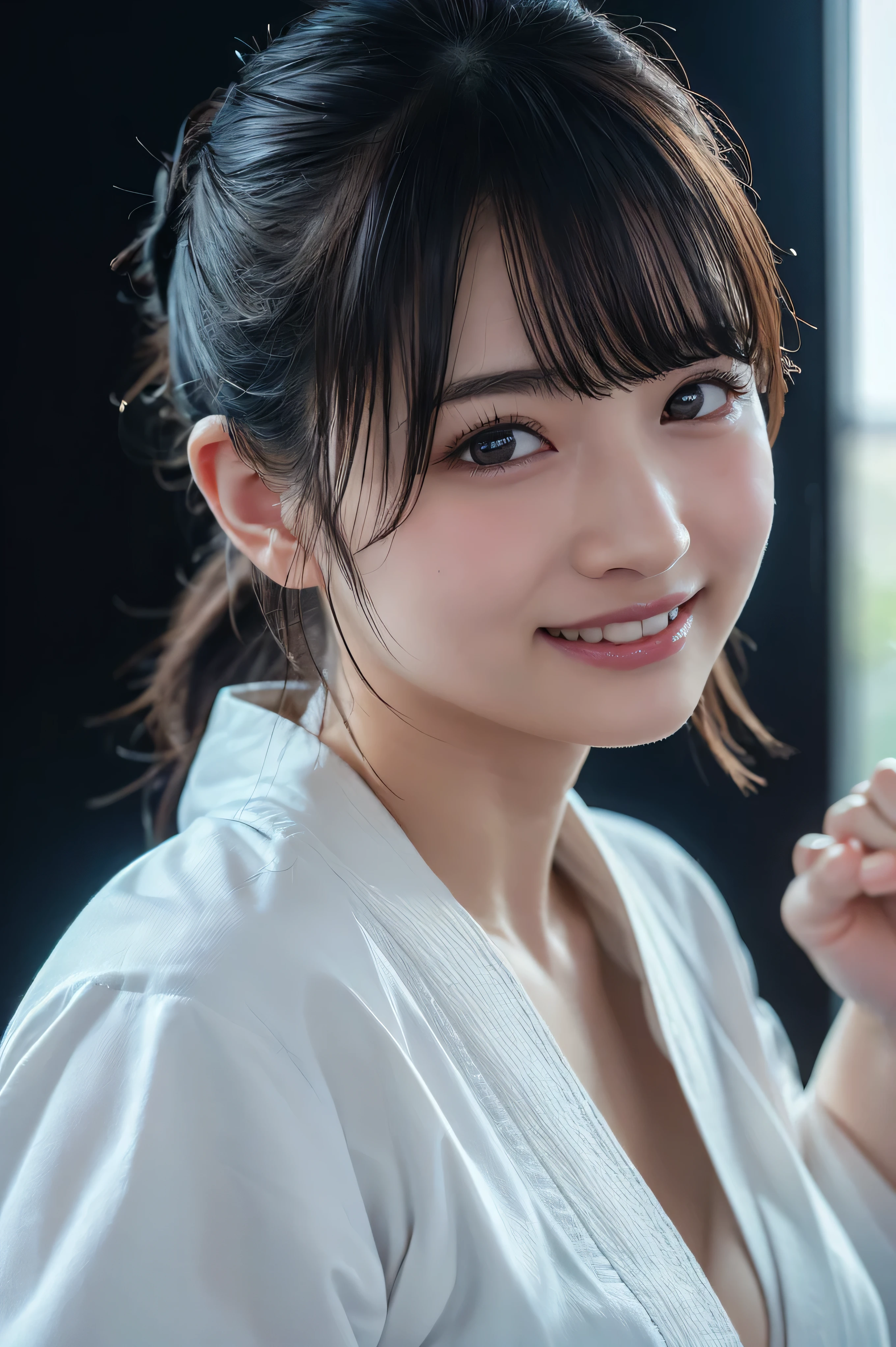 Rear View、(Bra is visible)、Big Breasts、(((Front open shirt))、(((Empty-handed)))、(Black Hair)、(Blunt bangs)、(ponytail)、(Wet Hair)、(Women's Karateka)、((sweating))、(Glowing Skin)、((smile))、((blush))、(((Karate Dojo)))、((Delicate painting))，(Masterpiece detailed RAW photos:1.25), (Highest quality:1.6), (Ultra-high resolution:1.5), (Realistic:1.75), 8k resolution, Canon EOS R5, 50mm, abs urdo, Very detailed,Cinema Lighting、