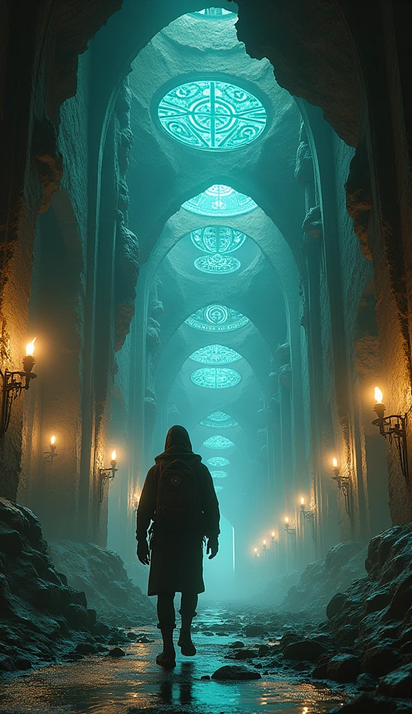 Illustrate a determined protagonist discovering a hidden underground chamber beneath the city. The chamber reveals ancient, glowing symbols and advanced but forgotten technology. The setting should combine sleek futuristic tech with ancient, mystical elements, rendered in 4K for a striking contrast
