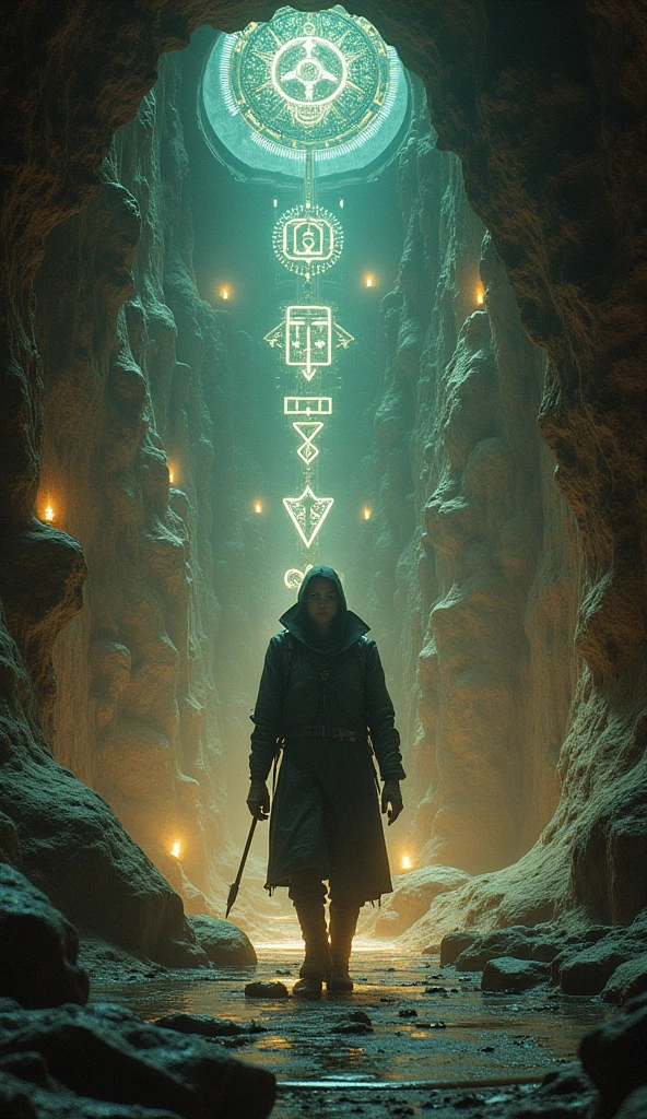 Illustrate a determined protagonist discovering a hidden underground chamber beneath the city. The chamber reveals ancient, glowing symbols and advanced but forgotten technology. The setting should combine sleek futuristic tech with ancient, mystical elements, rendered in 4K for a striking contrast