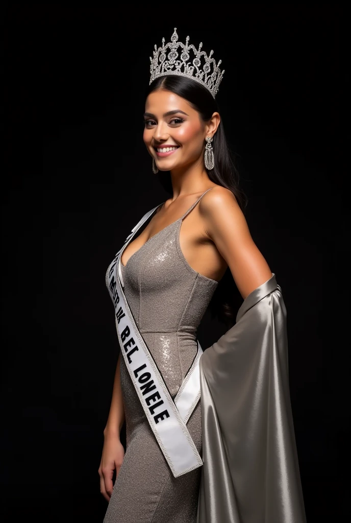 Photoshoot of miss Universe with silver Evening gown with silk shawl , crown and Sash. Black Background. Slim body, beautiful face. Cignature pose.