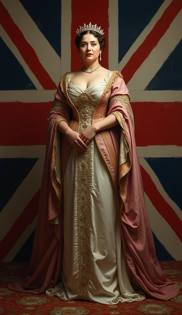 The beautiful Queen Victoria, whole body, With a Union Jack background