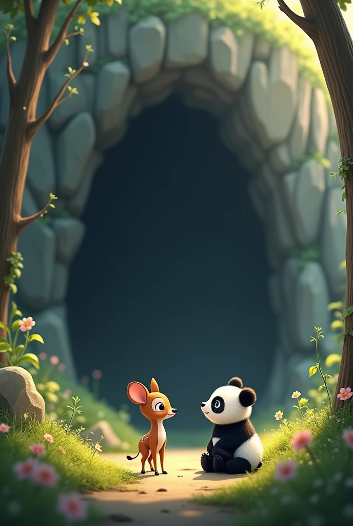 Cute Animals a mouse deer and a panda see a very large cave while observing the cave
