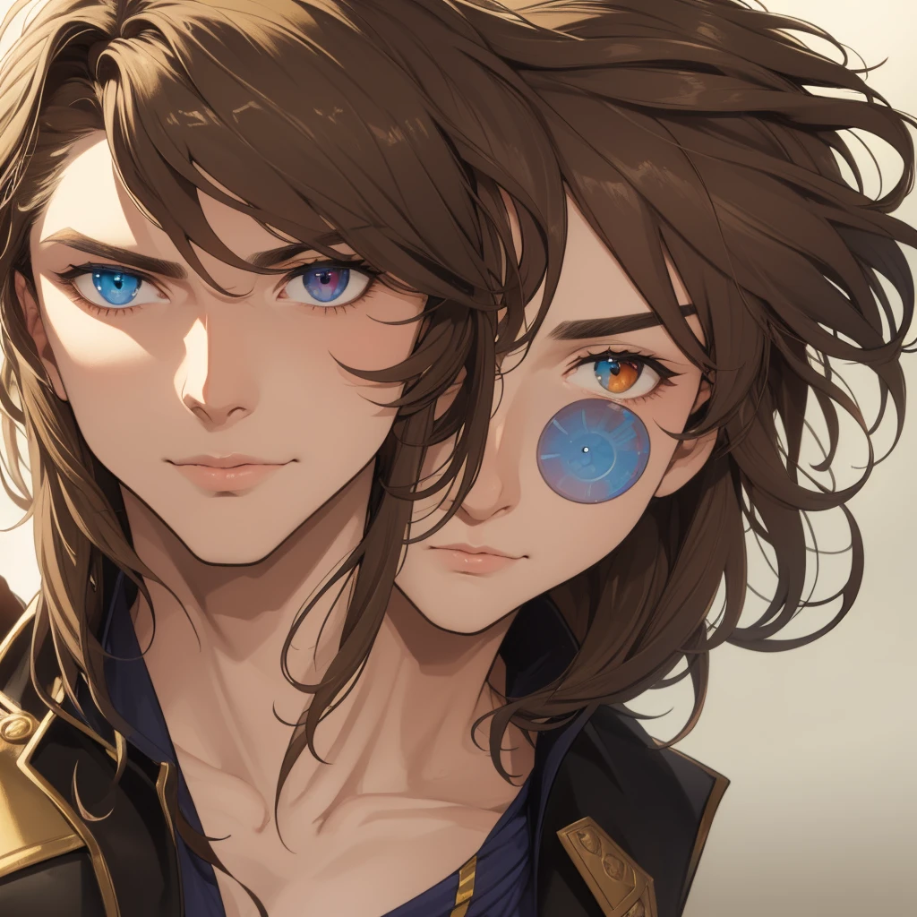 Art of an attractive man, strong bodie, medium brown messy hair, Gambit Remit inspiration, heterochromia in the eyes, one blue eye and one golden eye, pele latin completely no