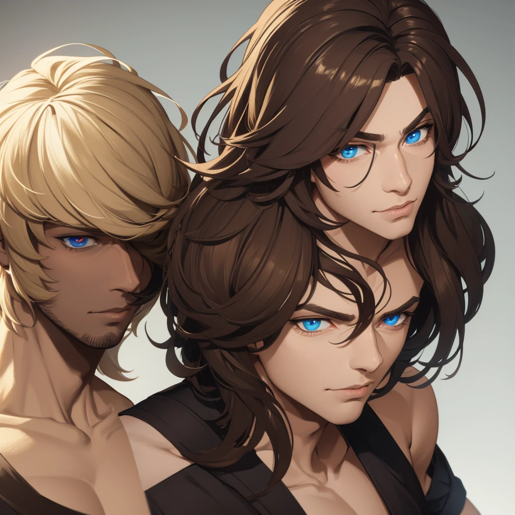Art of an attractive man, strong bodie, medium brown messy hair, Gambit Remit inspiration, heterochromia in the eyes, one blue eye and one golden eye, pele latin completely no