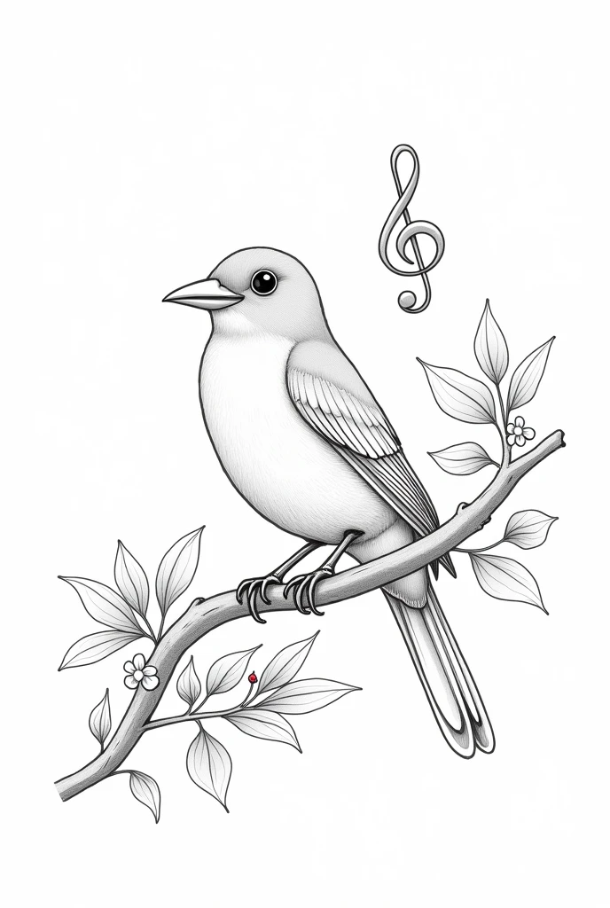 little thrush bird on branch with leaves, flowers and musical note, black and white image to color 