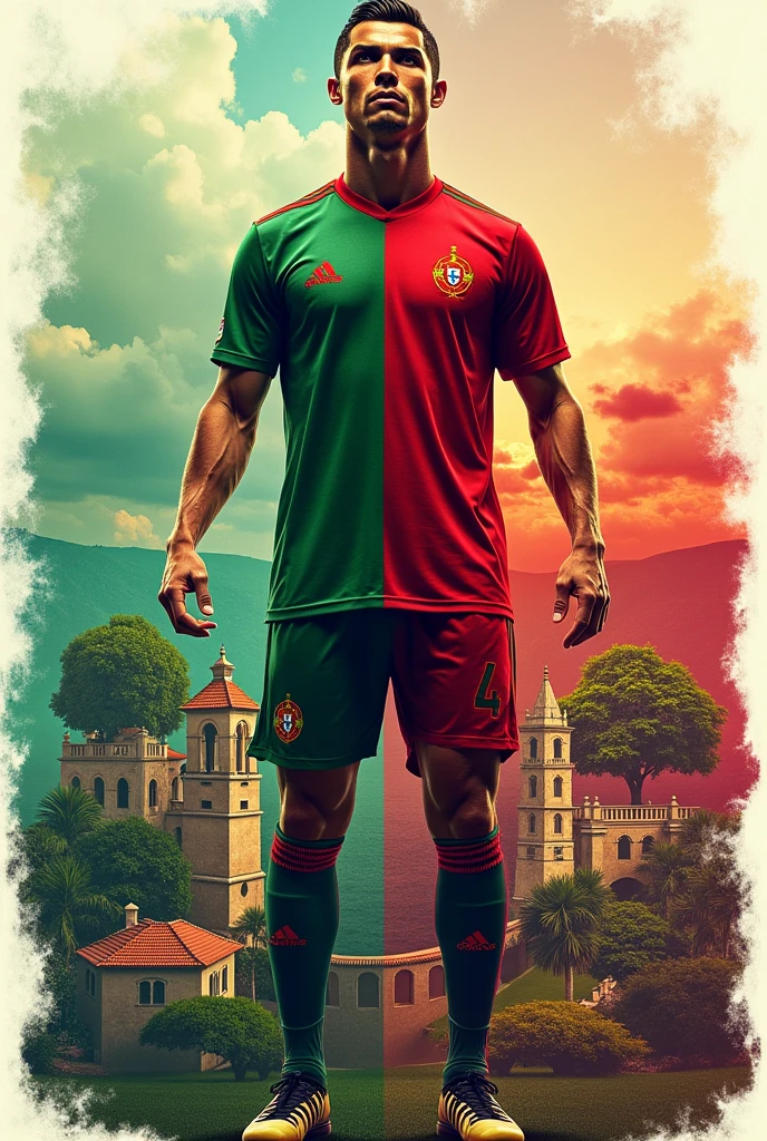 A Cristiano Ronaldo Portugal wallpaper that on one side is him and on the other half is something related to Portugal