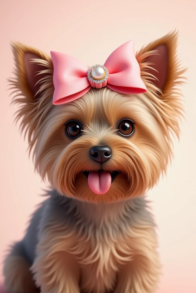 Brown female Yorkshire with tongue out, and large crossed bow on the top in baby pink with pearl and rhinestone center