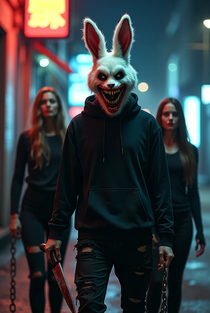 lizoldBS_soul3142, 1 male, furry White bloody rabbit mask with creepy smile and yellow bloody teeth, completely Black torn hoodie, 2 White hair females , wearing short jeans and White tank tops, standing in the city street at night, neon lights in the background, ethereal, detailed, masterpiece, best quality, dramatic lighting, full body, torn Black pants, blood stains, walking to camera, holding ritual knife in the right hand, massacre in the background, chains in left hand, horror, creepy