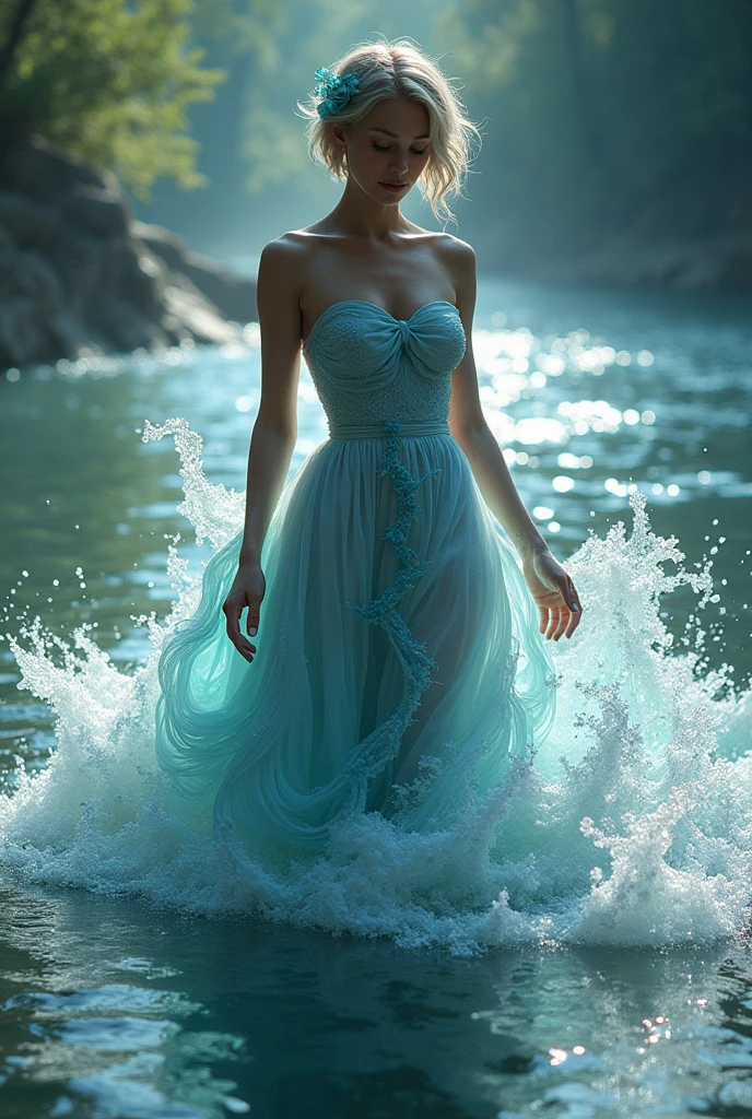 Imagine a thin muscular goddess or water spirit emerging from a river or lake. Her strapless dress should flow like water, with details that resemble waves and foam. Franja, Olhos fechados, Premiado várias vezes, Claro-escuro, Arte digital, Cabelo curto, Ângulo holandês,