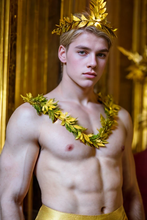 Portrait of a handsome young man, Roman emperor, blond hair, wearing Roman emperor clothes, handsome boy, magnanimous, power, ruler, symmetry, boy in the center, focus on the boy, classical era, ancient Rome, luxury, the most handsome boy, symmetry, male beauty, laurel wreath, golden laurel wreath, Caesar
