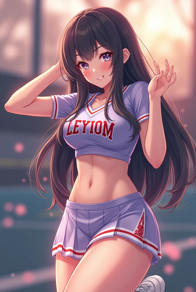 cheerleader,little smile,cheer leading,cheerleader uniform, (((masterpiece))), (((best quality))), ((ultra-detailed)), (illustration), ((an extremely delicate and beautiful)),(bokeh,blurry background),(best shadow), 1girl,white panties, black hair, long hair, kawaii,cute, shine Highlight Spot on eyes, character focus,head tilt, all body, white sneaker, detailed face, ((view from bottom )), panty visible, nsfw, cute and sexy, ((miniskirt)), big ass, big boobs
