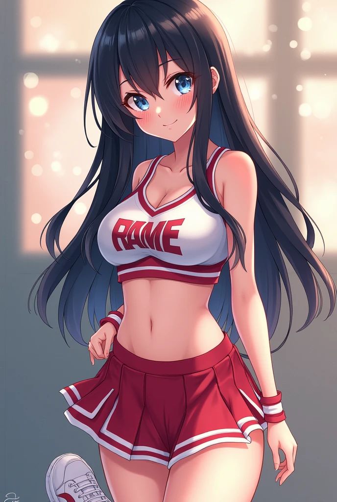 cheerleader,little smile,cheer leading,cheerleader uniform, (((masterpiece))), (((best quality))), ((ultra-detailed)), (illustration), ((an extremely delicate and beautiful)),(bokeh,blurry background),(best shadow), 1girl,white panties, black hair, long hair, kawaii,cute, shine Highlight Spot on eyes, character focus,head tilt, all body, white sneaker, detailed face, ((view from bottom )), panty visible, nsfw, cute and sexy, ((miniskirt)), big ass, big boobs
