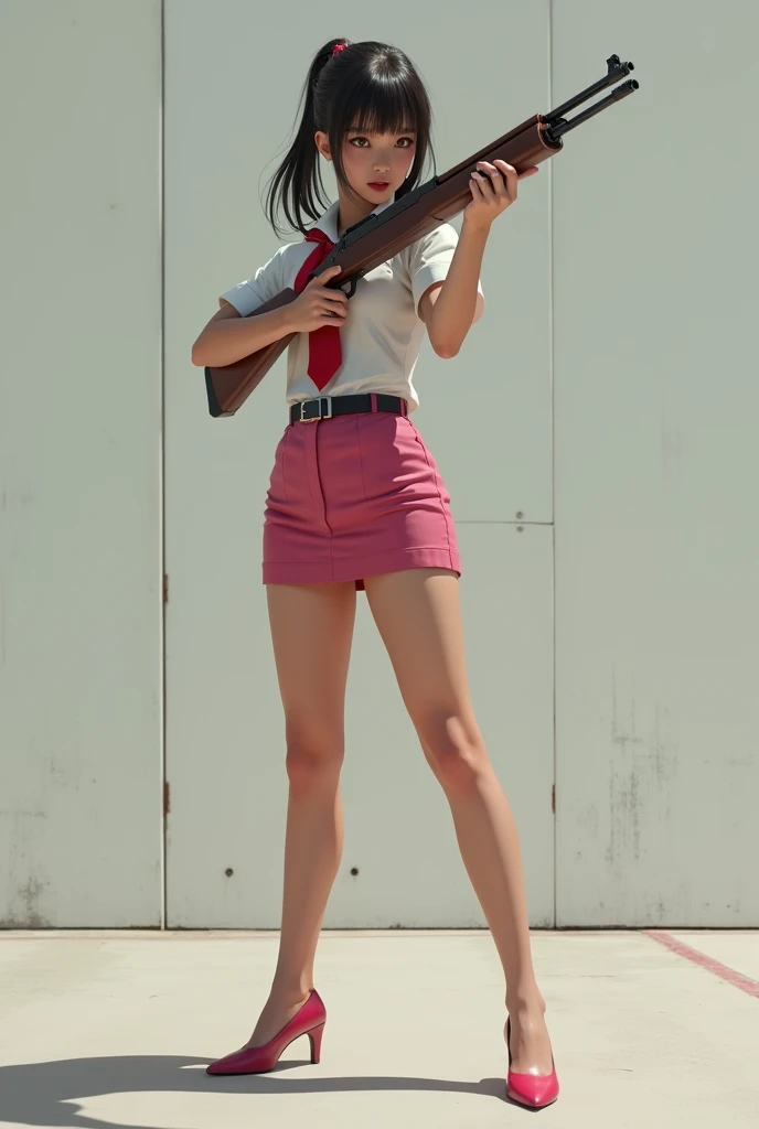 real person realistic beautiful  japanese flight stewardess pink mini skirt standing stance legs open wide spreading full portrait holding rifle gun pointing at you front facing aiming at you shooting range sexy legs
