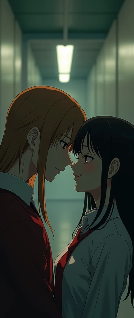 (32K:1.9, Highest quality, masterpiece, Ultra-high resolution), Perfect dynamic composition:1.3, Highly detailed skin and facial textures:1.3, Cute sexy slim Japanese schoolgirl, A slim man, about 180cm tall, (They both close their eyes, Man hugging woman:1.3), Fair skin, ((Clarity:1.1)), (Man is anime「幽☆遊☆白書」Shuichi Minamino&#39;s Red School Uniform:1.3, Long red blonde hair, beautiful目:1.3), (The woman is wearing a uniform with a red tie:1.3, Straight black hair.:1.3, smile:0.9, A man completely charms a woman:0.9, beautiful Blue Eyes, beautiful, Clear Eyes:0.8), Sexy Face:0.4, blush:1.1, (beautifulエロティシズムを醸し出す雰囲気:0.8), Professional random camera work, Cinematic Lighting Effects, (Full Body Shot), (Too erotic), romantic, mysterious, Object of admiration, original, dramatic, artistic, Innovative, charm, Heartful, Fancy, Tilt, sense of loss, special, exciting, Extreme, sense of openness, joy, joyの表現, ((若さのcharm, 女性的なcharm))