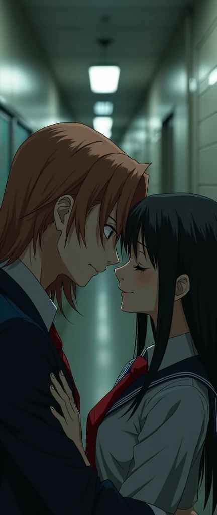 (32K:1.9, Highest quality, masterpiece, Ultra-high resolution), Perfect dynamic composition:1.3, Highly detailed skin and facial textures:1.3, Cute sexy slim Japanese schoolgirl, A slim man, about 180cm tall, (They both close their eyes, Man hugging woman:1.3), Fair skin, ((Clarity:1.1)), (Man is anime「幽☆遊☆白書」Shuichi Minamino's Red School Uniform:1.3, Long red blonde hair, beautiful目:1.3), (The woman is wearing a uniform with a red tie:1.3, Straight black hair.:1.3, smile:0.9, A man completely charms a woman:0.9, beautiful Blue Eyes, beautiful, Clear Eyes:0.8), Sexy Face:0.4, blush:1.1, (beautifulエロティシズムを醸し出す雰囲気:0.8), Professional random camera work, Cinematic Lighting Effects, (Full Body Shot), (Too erotic), romantic, mysterious, Object of admiration, original, dramatic, artistic, Innovative, charm, Heartful, Fancy, Tilt, sense of loss, special, exciting, Extreme, sense of openness, joy, joyの表現, ((若さのcharm, 女性的なcharm))