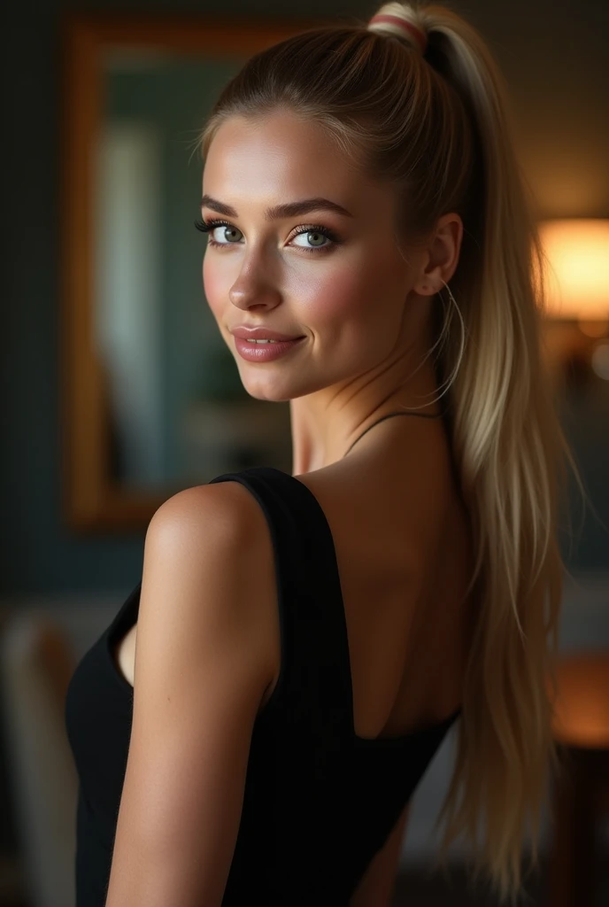 a very realistic and detailed photo of beautiful italian young girl, tight black dress, perfect makeup, long straight sleek ponytail blonde hair, high quality, photorealistic, 8k, luxury, elegant, sophisticated, confident, studio lighting, cinematic, glowing skin, piercing eyes, full lips, sharp focus