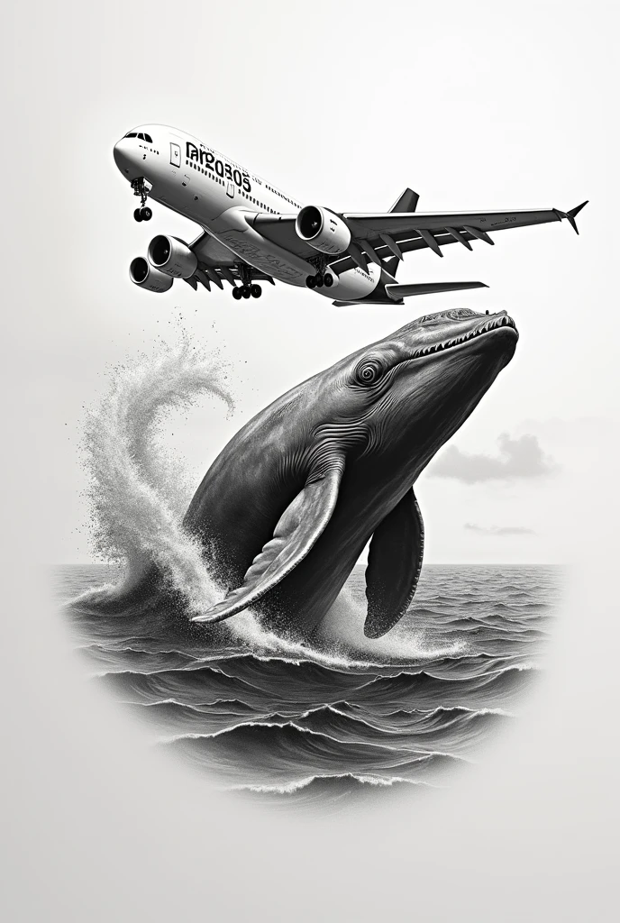 Create a black and white arm tattoo of a humpback whale spouting and looking at an Airbus a380 flying over the sea.