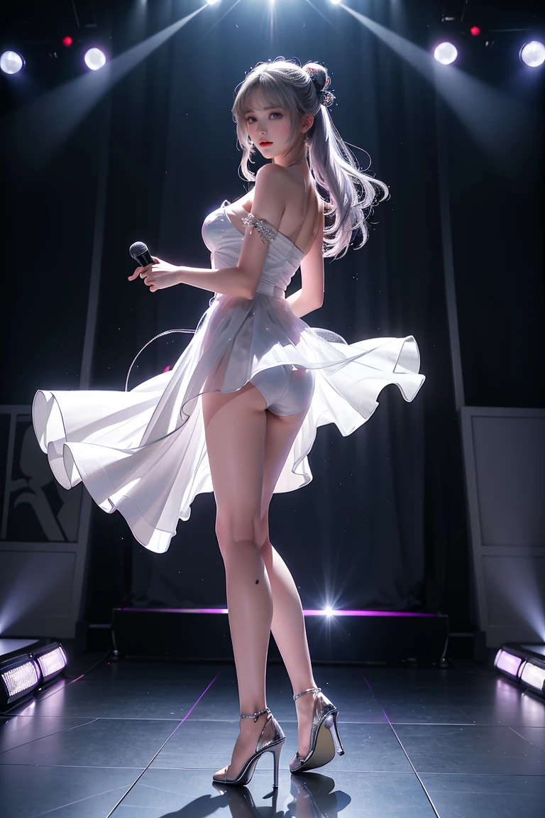 ((Girls standing on the stage in the main hall))、(Rear view)、(look back),蛍光color、(Audition Girls)、((Singing and dancing idol group)),Look to the side、Beautiful Face、Beautiful Eyes、(Big Blue Eyes)、(Silver dull hair)、Shiny Hair、Glowing Skin、Reduce glare、Finger Proportion Adjustment、Escrow、Bat View、(Dancing()、Dynamic Angle、(Master Parts)、(Highest quality)、(Ultra detail)、(An Illustration)、(Detailed light)、(Very delicate and beautiful)、Dramatic Shadows、Ray Tracing、reflection、超高画質 High resolution、(Master Parts)、(Highest quality)、(Ultra HD)。 High resolution、((Colorful hair and mesh))、Her hair flutters in the wind、(大きな深い青colorの目)、Silver Hair、haired woman、Sparkling Butterfly、Sparkling Butterfly、黒haired woman、Points of light around the woman、Magical Aura、緑colorの点、The nature of the aura、Magical Aura黒haired woman、((Translucent white one-shoulder dress:1. 3)、(Sleeveless)、(The skirt flutters in the wind)、(Searchlight)((color々Laser beam))、(I can see her white panties)(Full Body Shot)、(Long legs)、(High heels)、holding a microphone in one hand、