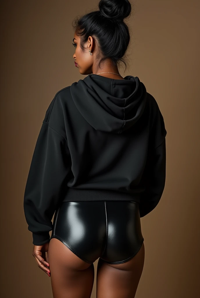 black woman hair in a bun black hoodie black leather short shorts being fucked in the ass by a old grandma in a dress