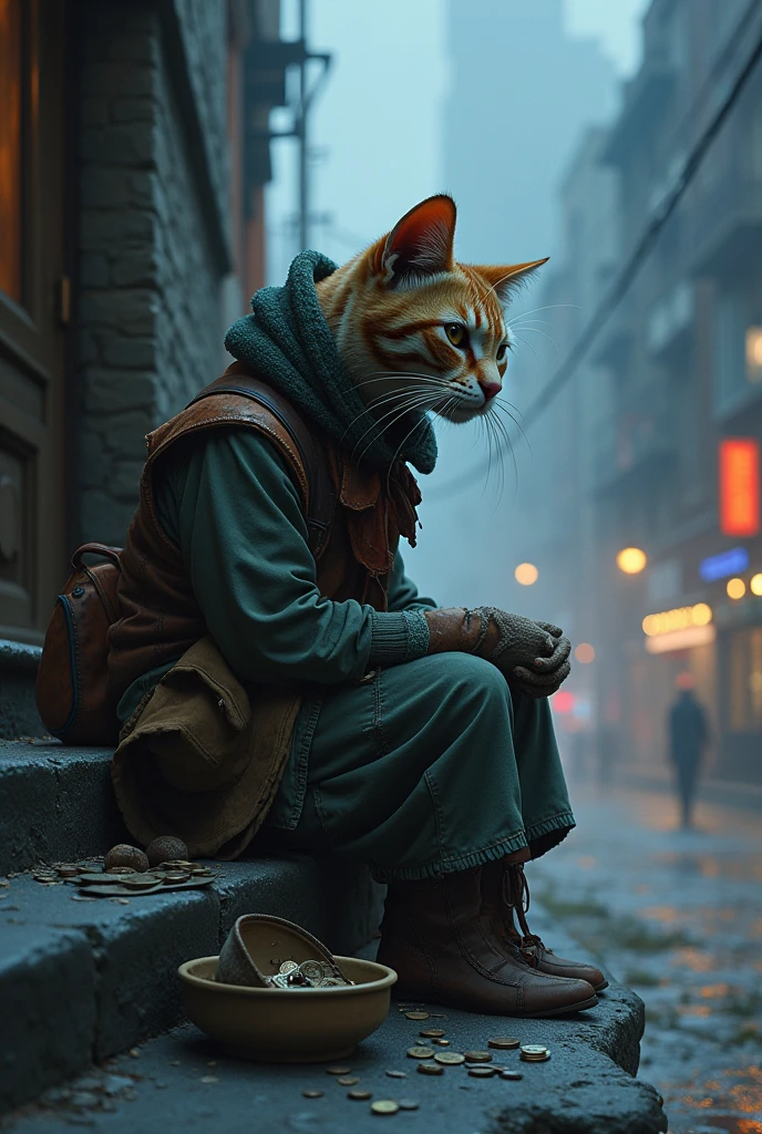 A cat sits on a cold stone step, her tattered clothes are now even more worn out, with a hat falling to the ground. There is a broken bowl next to her., containing only a few coins. Background - city with tall buildings, brightly lit, but to the cat, they seem distant and cold.