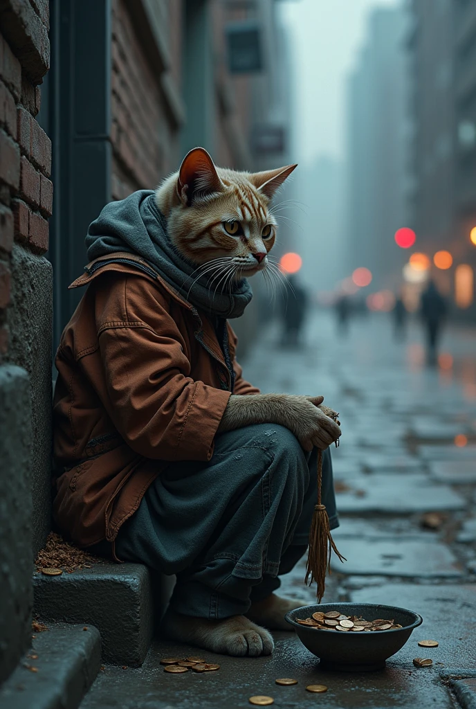 A cat sits on a cold stone step, her tattered clothes are now even more worn out, with a hat falling to the ground. There is a broken bowl next to her., containing only a few coins. Background - city with tall buildings, brightly lit, but to the cat, they seem distant and cold.