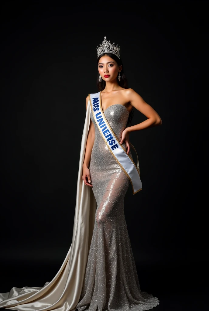 Photoshoot of miss Universe with silver Evening gown with silk shawl , crown and Sash. Black Background. Slim body, beautiful face. Cignature pose.