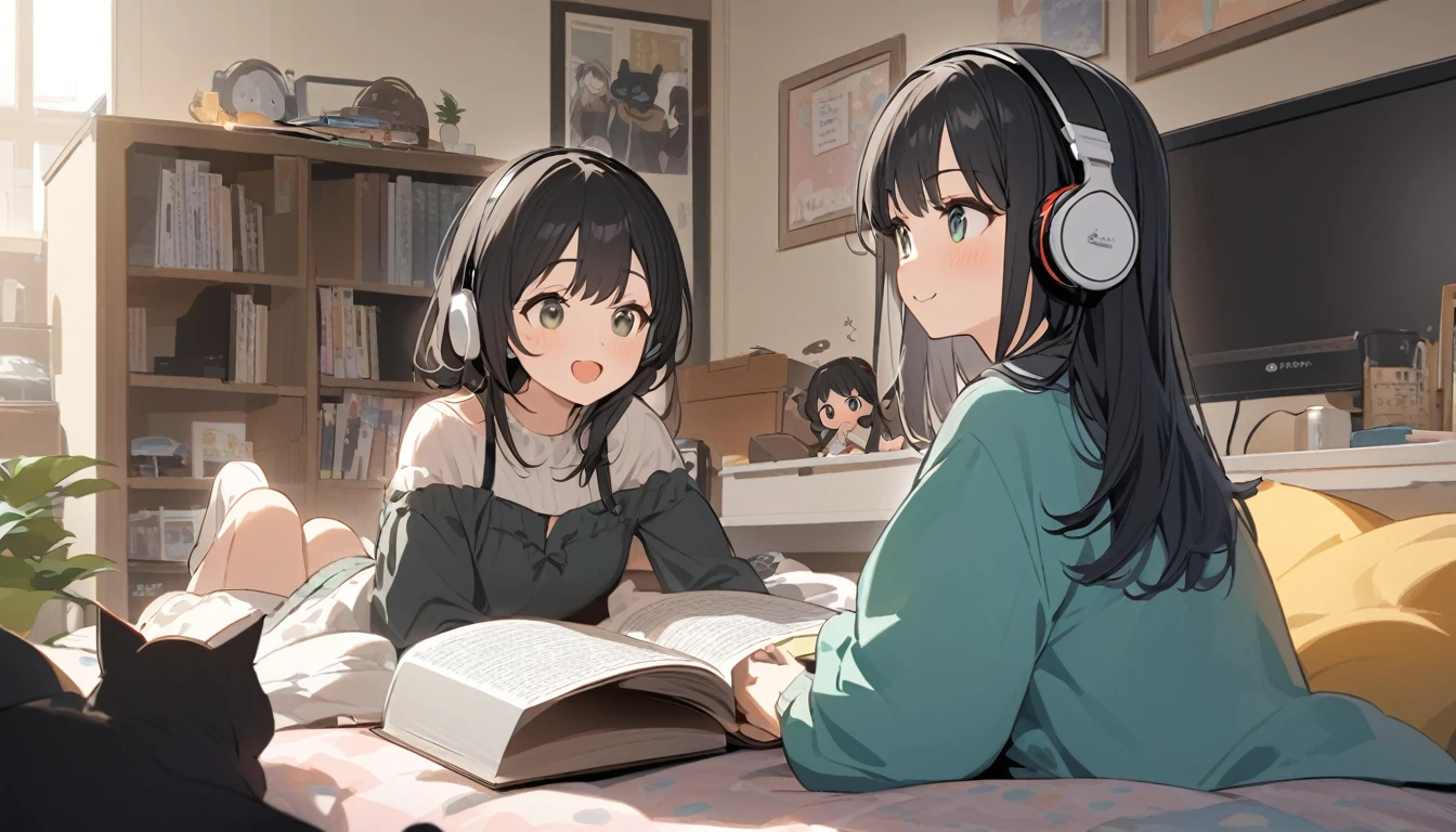 Reading a book in my room、A woman with black hair and cute clothes having fun talking to a black cat next to her,Streetscape、Listening to music with headphones、Japanese