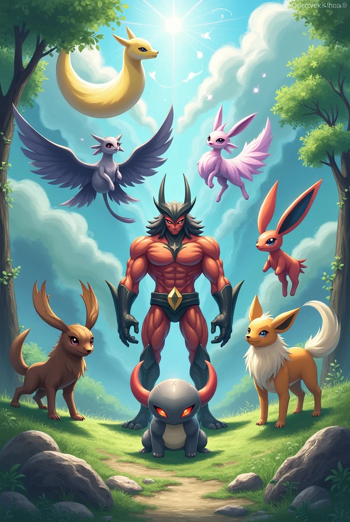 Make a drawing that contains these pokemons: dog pao, Urshifu, Iron Bundle, tornadus, rillaboom y cresselia