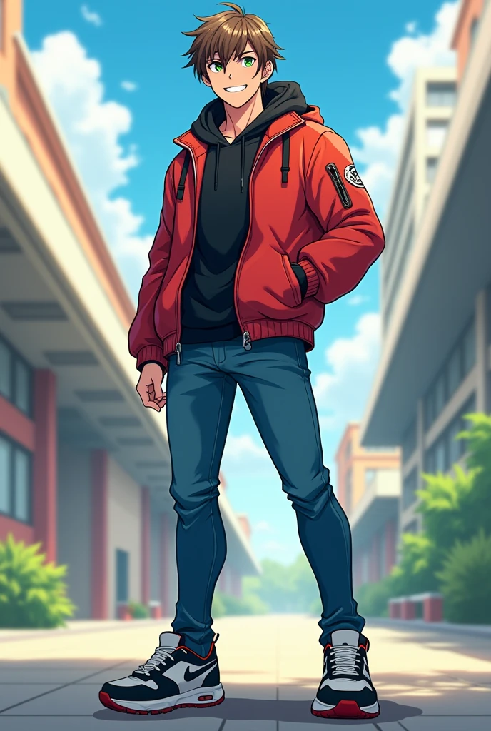 Anime, male, 2, adult, tall, brown hair with side bangs, green eyes, red jacket, black hoodie, blue jeans and sport shoes, grin on face, full body
