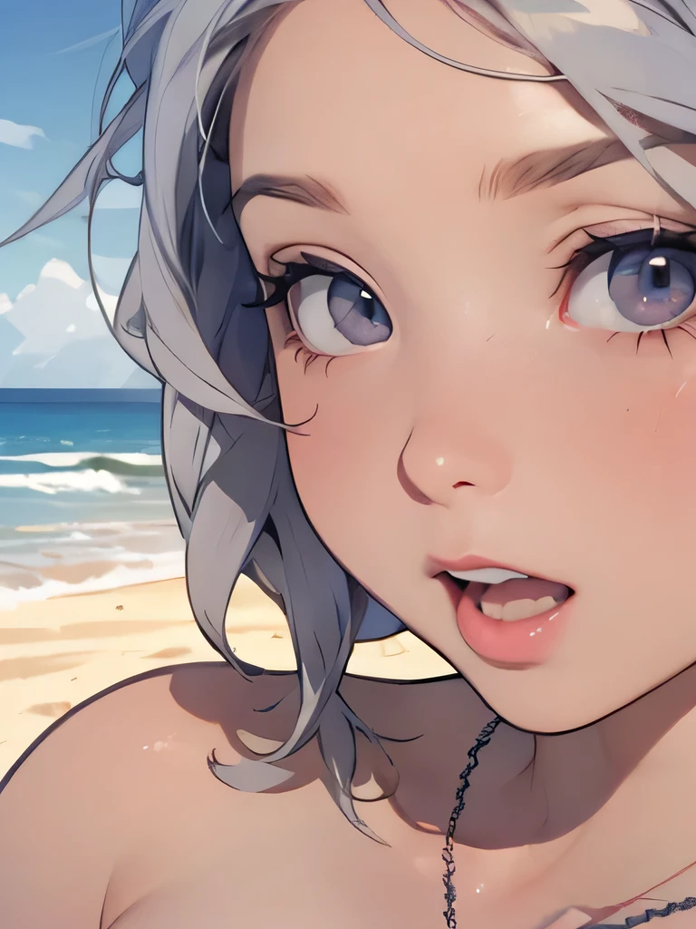 ((high quality colour line art)), (highly detailed), ((cute girl face)), (naked), (((((small tits))))), ((star-shaped blue necklace)), (((sunny beach))), ((pale skin)), (((anatomically correct))), (long white hair), (((chubby))), (singing), ((close-up)), ((grey eyes)), ((whole face))