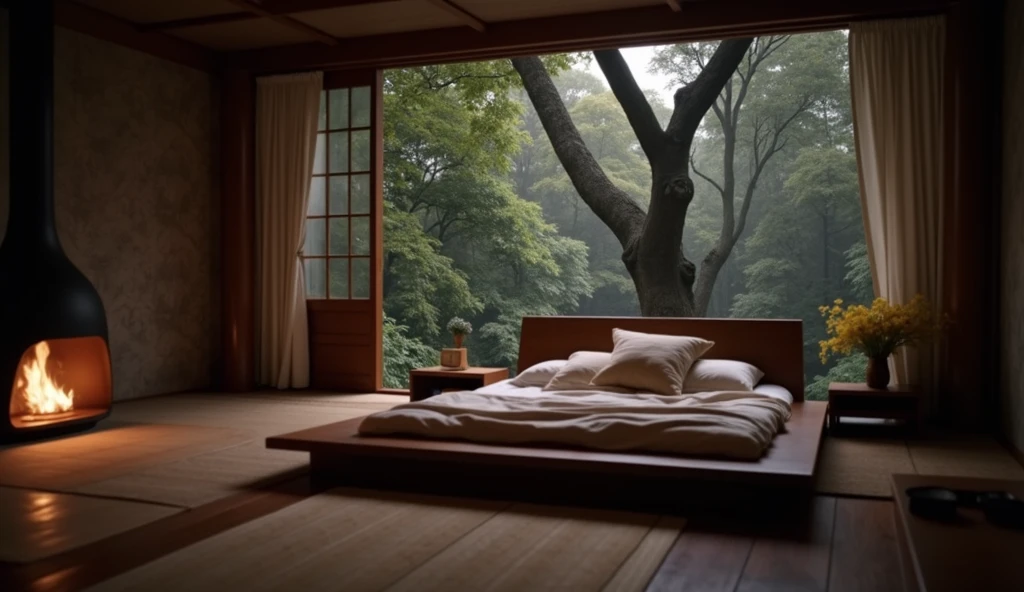 Bedroom japanase tradisional, mid night rain in forest