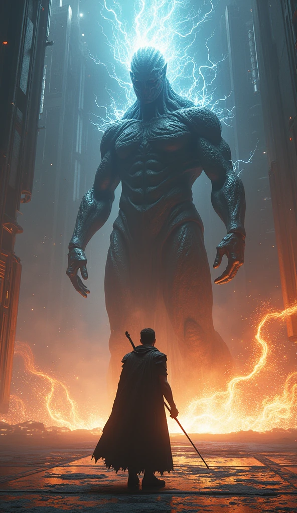 Show a high-stakes confrontation between the protagonist and a powerful entity released by the artifact. The scene should be set in a dramatic, high-tech arena with floating platforms and a dark, swirling energy field. Use ultra-realistic 4K rendering to depict the intensity of the battle and the detailed energy effects