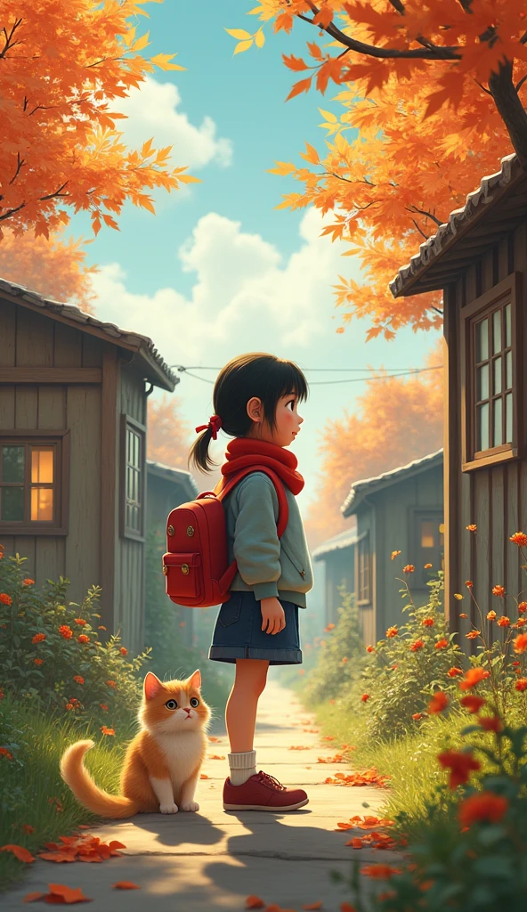 (Best Quality,4k,8k,High resolution,masterpiece:1.2),ultra detailed,sharp focus,(realist,photorealist,photo-realist:1.37), 35mm lens，multiple angles，countryside，suburban，back，side，silhouette，overhead shot，A  girl with her backpack, Red scarf, shoes with sock, 2 collections, cat，standing，doll，Carry a small school backpack，tram，Beijing，Autumn season，wooden house，platform， Cloak,Ruan Jia,lasts,Atar, (delicate face), (Fine, fluffy fur)，（35mm cinema lens），（multi-angle shooting），（Many viewing angles）