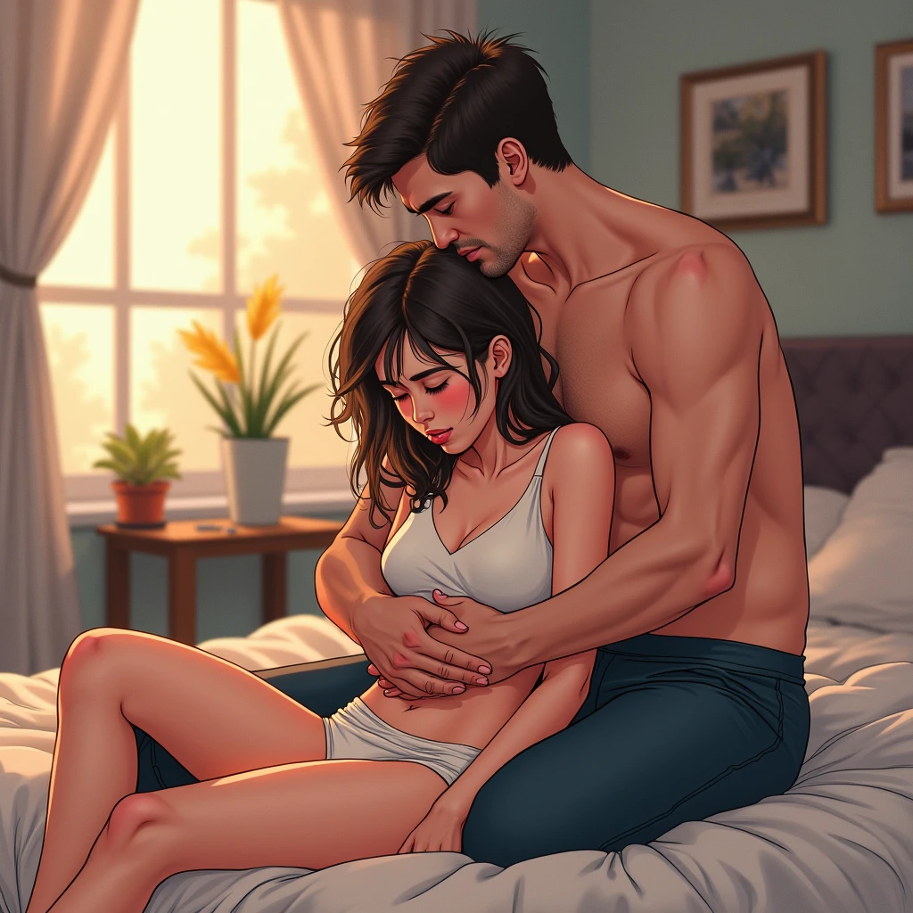 cute young woman in her cozy room with a man, teen girl wearing a T-shirt and ((panties)), man is wearing long pants, ((American)),  man is spanking teenage girl otk, man giving a young woman a firm spanking, girl looks embarrassed, Blush, depth of field, high quality color marker and pen illustration