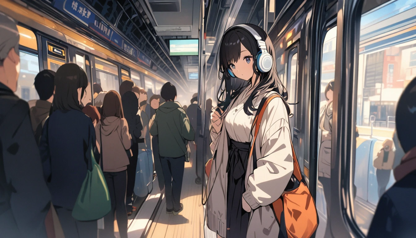 A woman with black hair and cute clothes standing on a crowded train,Streetscape、Listening to music with headphones、Japanese
