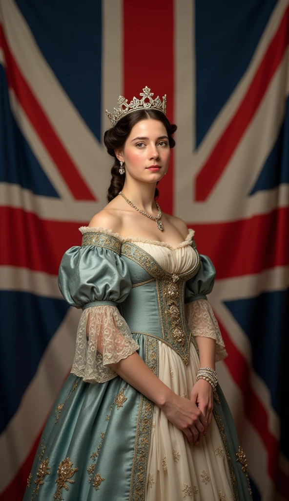 The young and very beautiful Queen Victoria, whole body, With a Union Jack background