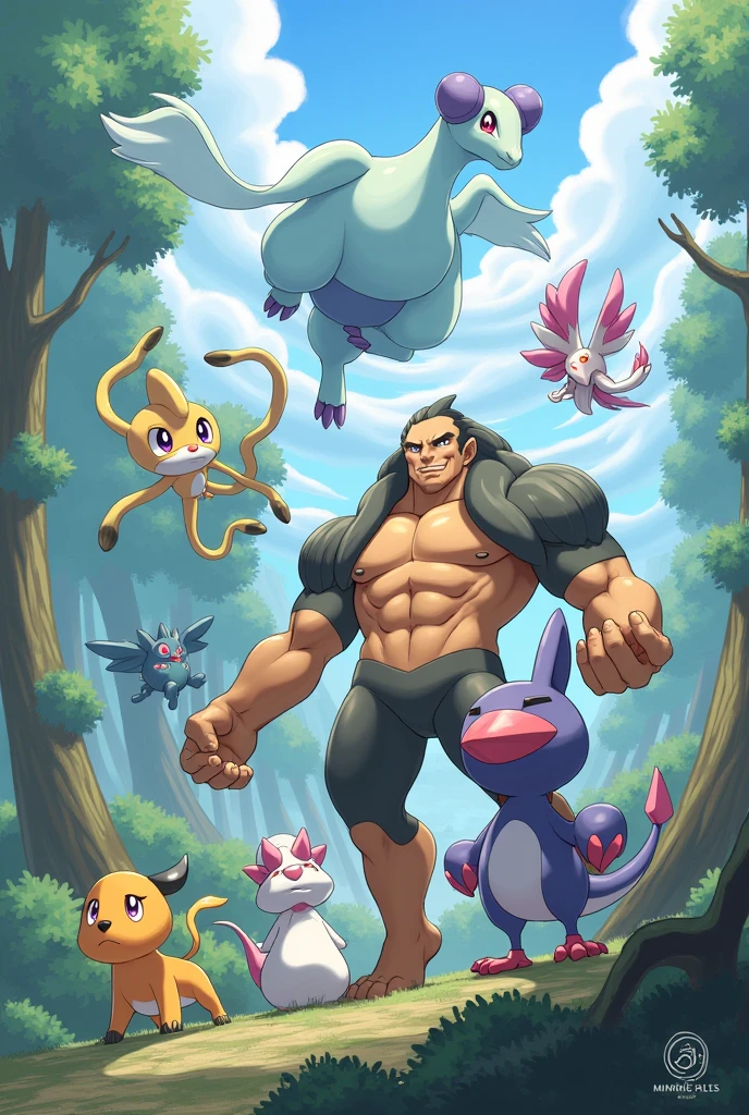 Make a drawing that contains these pokemons: dog pao, Urshifu, Iron Bundle, tornadus, rillaboom y cresselia