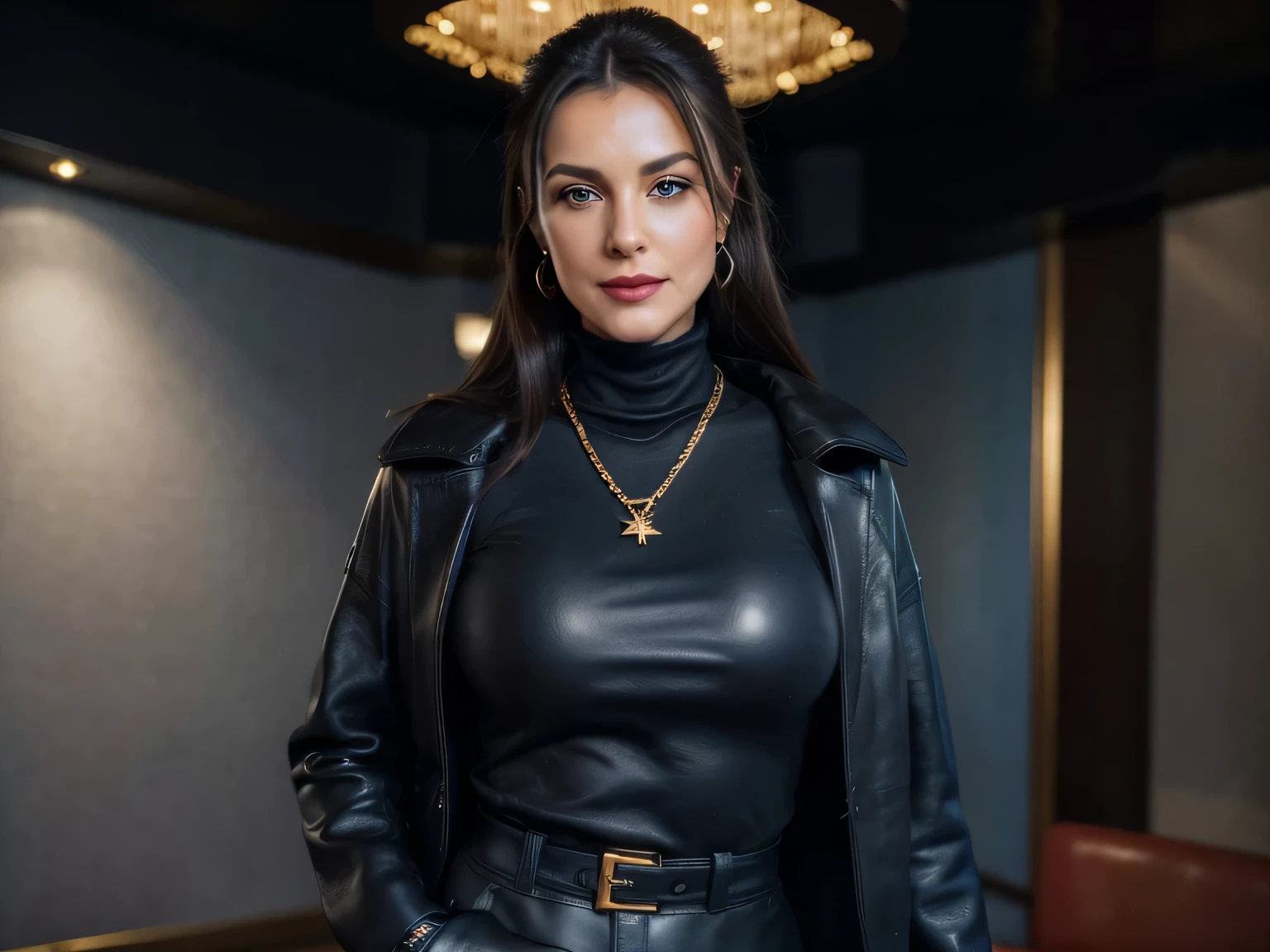 photo of a completly clothed prime minister of parliament woman with a smile ( no nudity) ,waitin for the man she loves , monica bellucci at 32 , ((incredibly clear clear blue eyes )) (( flirting with the camera)) (( smart smiling lookin at the camera)) (( red lipstick)) (( Monica is dressed with a very long near feet and large black leather long coat over a blue tellier jacket blue turtleneck sweater , gold chain, and black leather pants inside the boots,:1.2 )) (( black soft stiletto pirate high knee Leather boots )) (( black ponytail hair)) (( black soft gloves )) (( standing with a coffee in her hands )) (( Sport bags on her shoulders)) (( the photo is from up front worms eyes view )) 4k 8k ultradetailed, kodak print, detailed realistic face, 4k 8k ultradetailed, smooth images, realistic woman, detailed eyes, detailed face, detailed lips