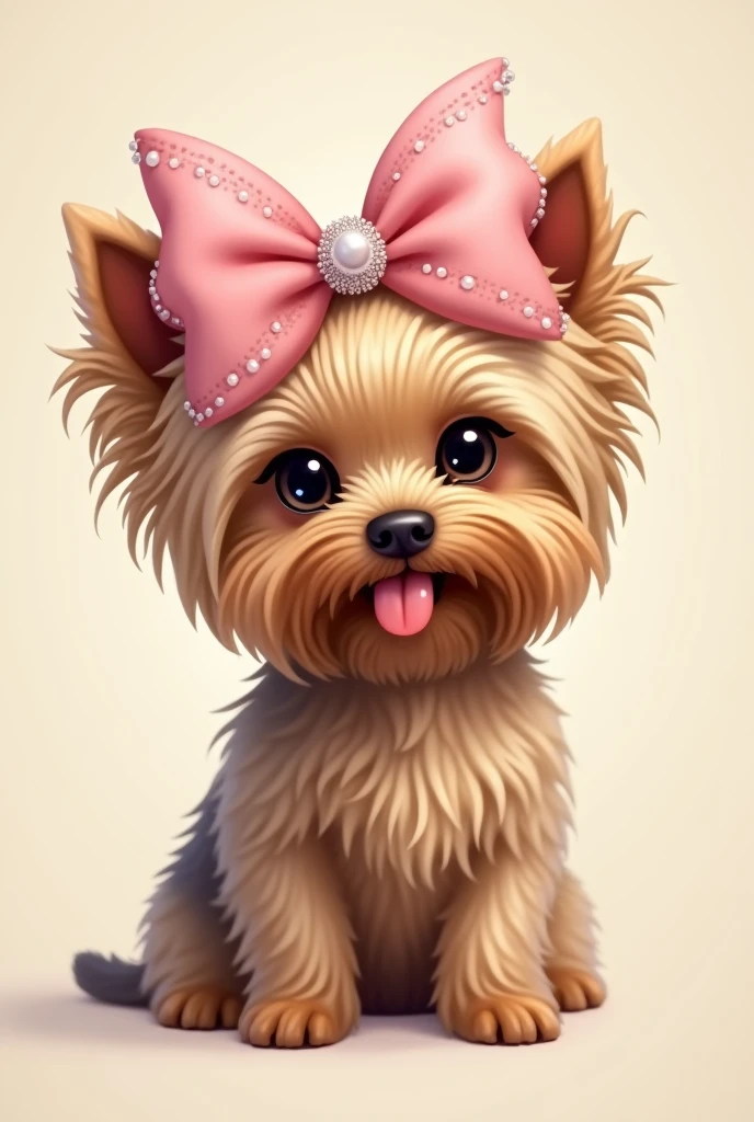 Brown furry female Yorkshire with tongue out, and large bow with tips on the top in baby pink with pearl and rhinestone center